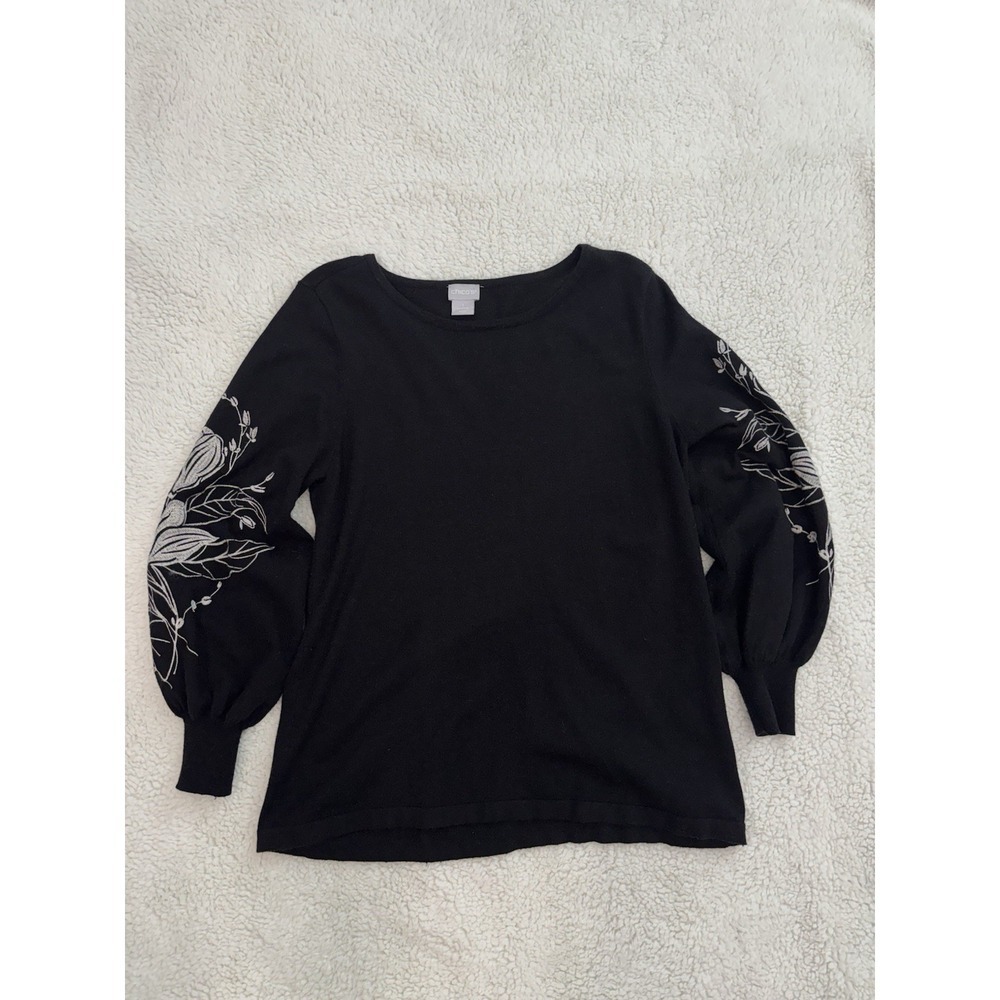 Chicos Black Sweater Size 1 Medium Embroidered Sleeve Soft Knit Casual Top Artsy